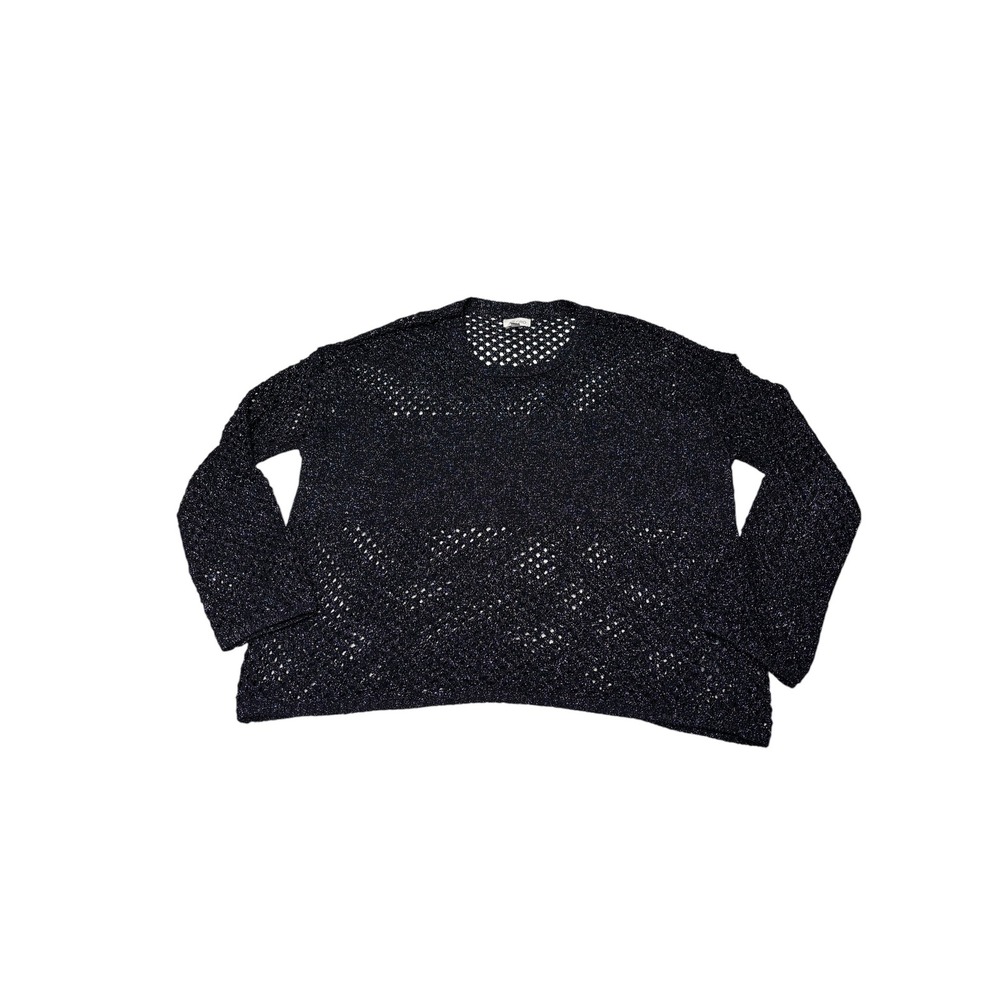 Pilcro Metallic Open Knit Sweater Navy Silver Sparkle Crochet Boxy Womens Medium